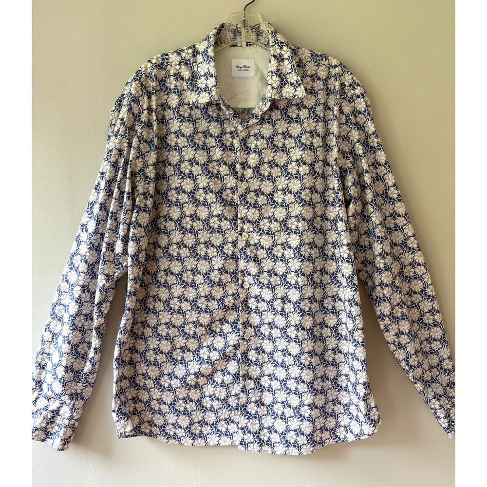 Serge Blanco Men's Sz XL Beige Navy‎ Floral Button Up Shirt Classic Fit Italian